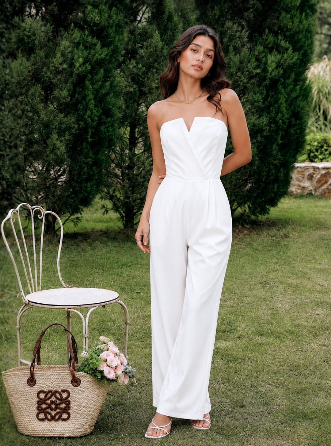Ivory Strapless Wide-Leg Jumpsuit