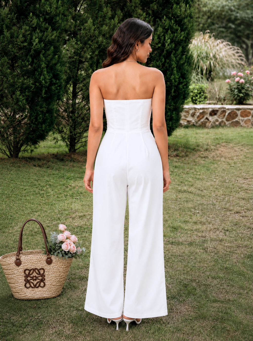 Ivory Strapless Wide-Leg Jumpsuit