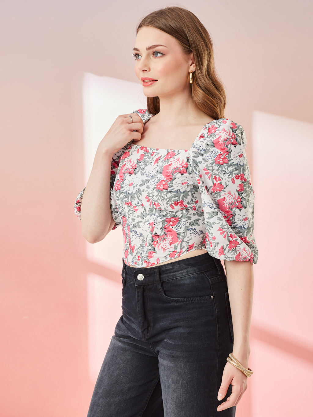 The White With Pink Floral Print bloom top