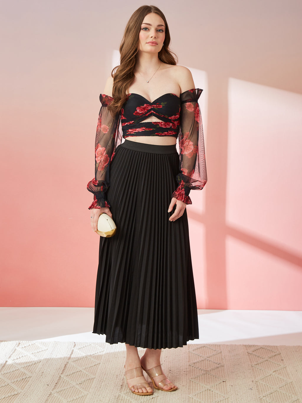 Black With Red Rose Floral Print Off Shoulder Top