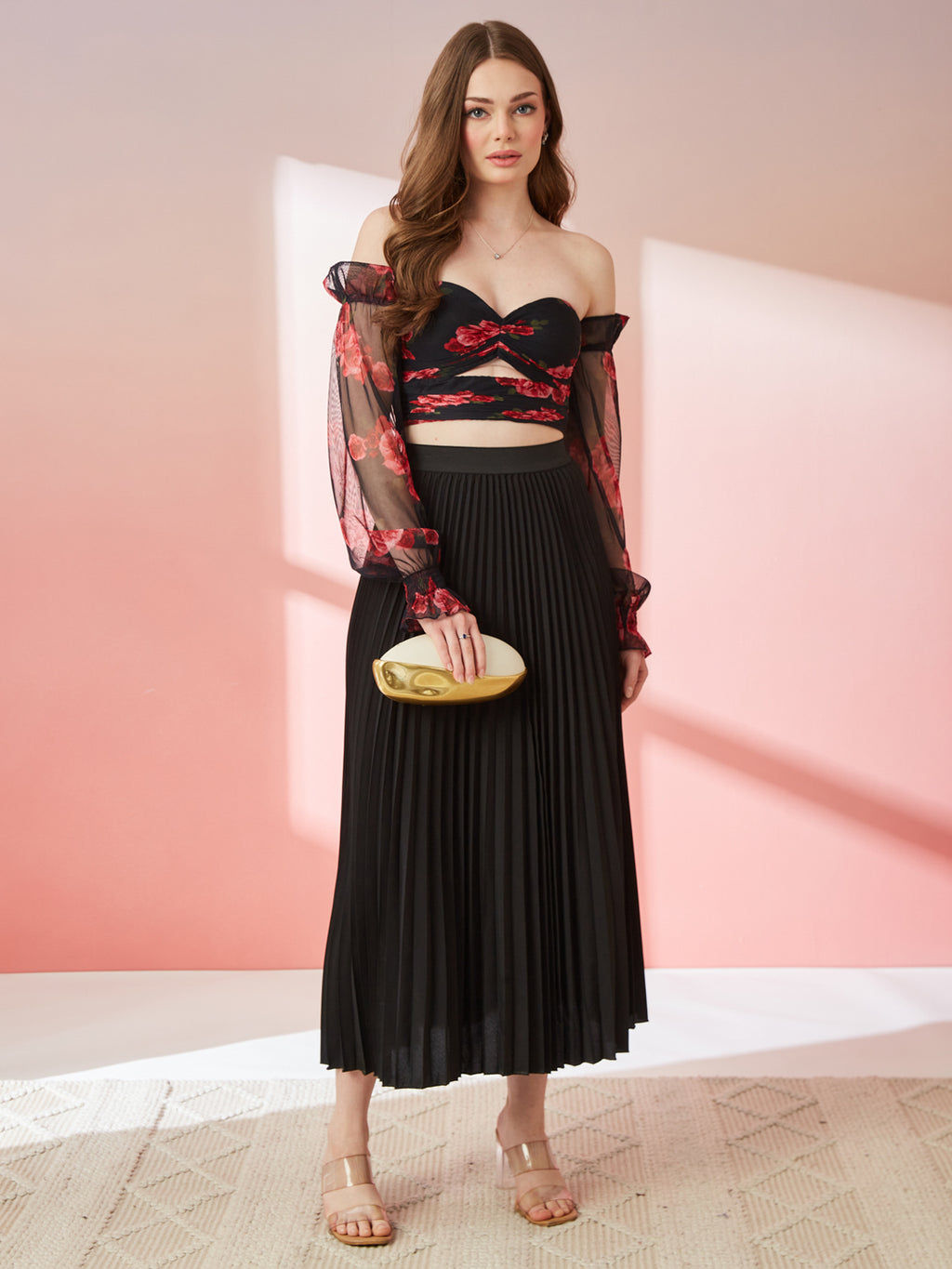 Black With Red Rose Floral Print Off Shoulder Top