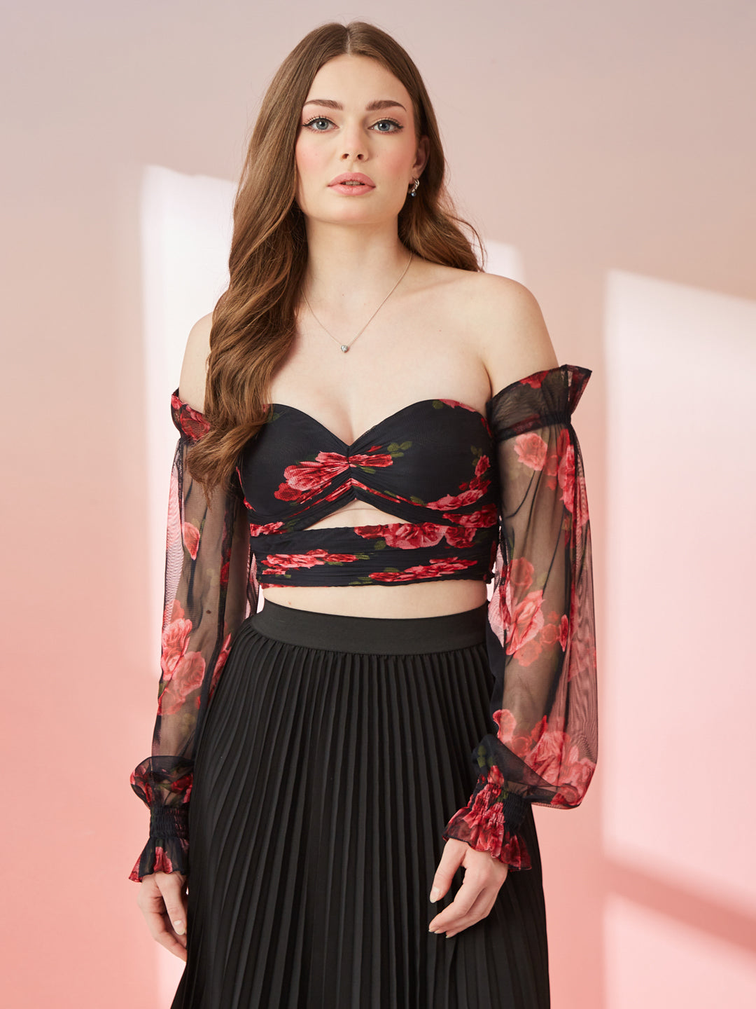 Black With Red Rose Floral Print Off Shoulder Top