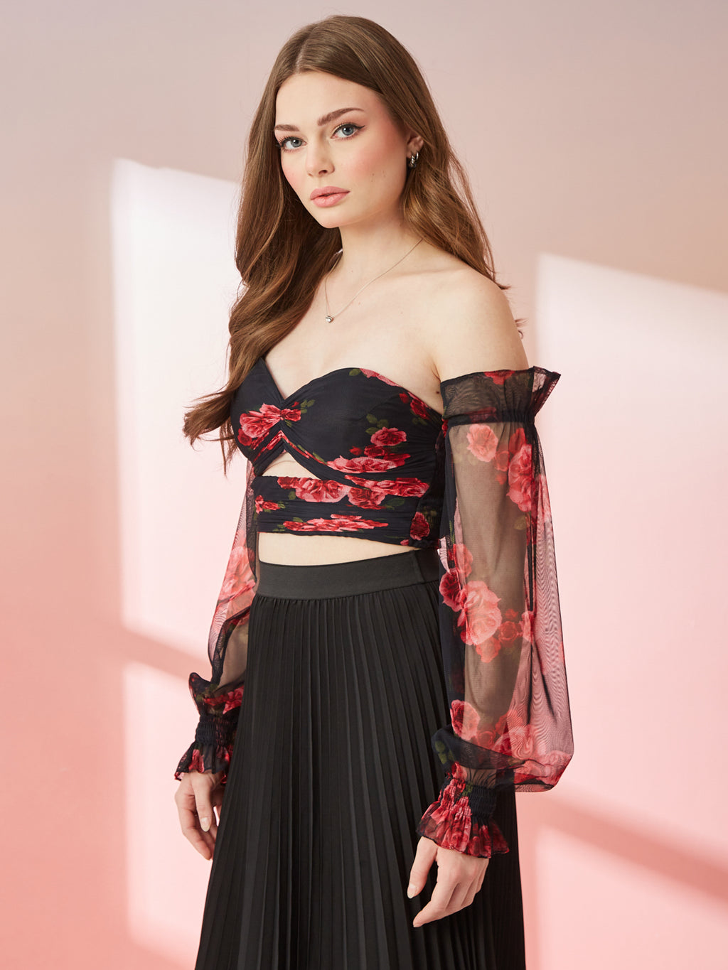Black With Red Rose Floral Print Off Shoulder Top