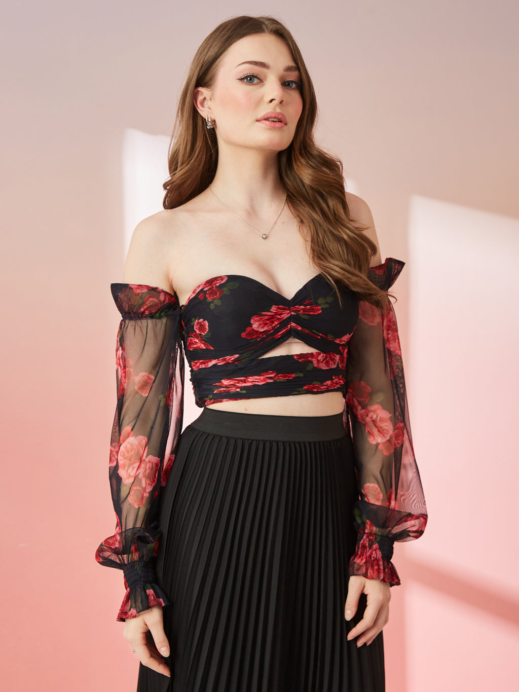 Black With Red Rose Floral Print Off Shoulder Top