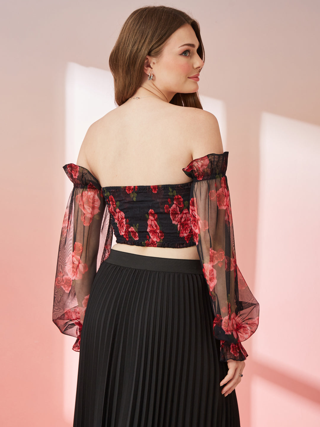 Black With Red Rose Floral Print Off Shoulder Top