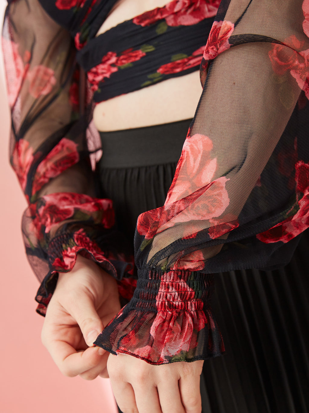 Black With Red Rose Floral Print Off Shoulder Top