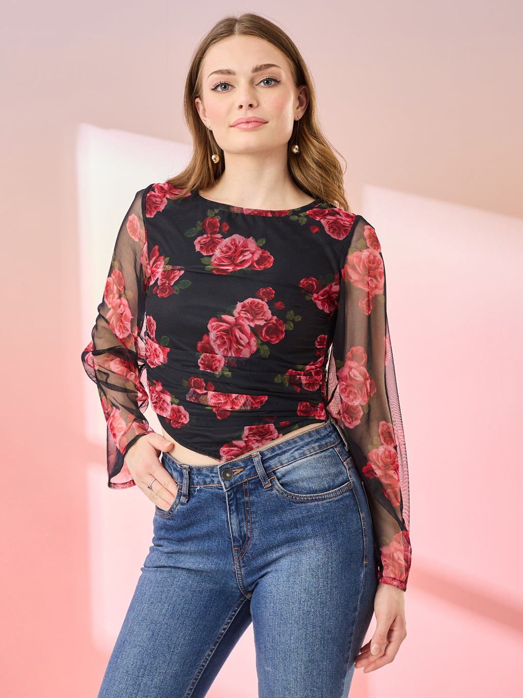 Black Floral Crop Blouse