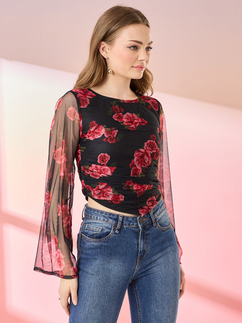 Black Floral Crop Blouse