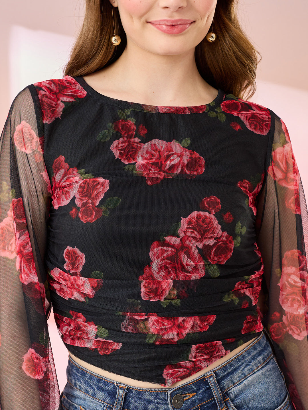 Black Floral Crop Blouse