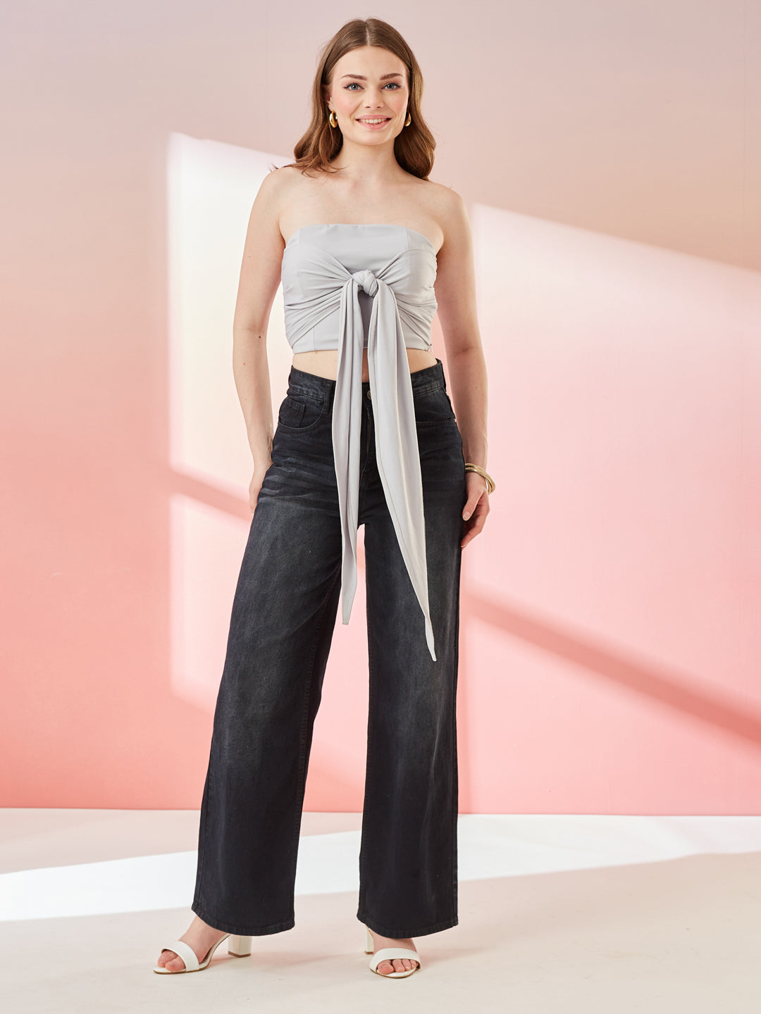 Light Metallic Grey Cross Neck Crop Top