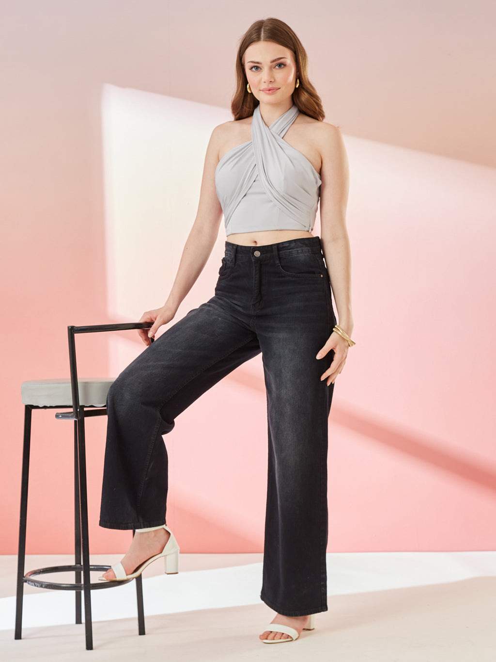 Light Metallic Grey Cross Neck Crop Top