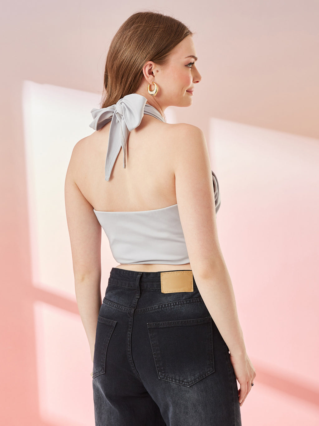 Light Metallic Grey Cross Neck Crop Top