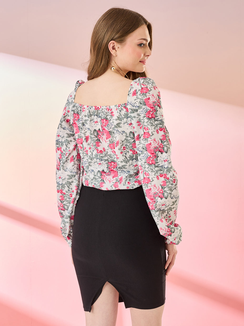 Off-White And Ivory Floral Square Blouse