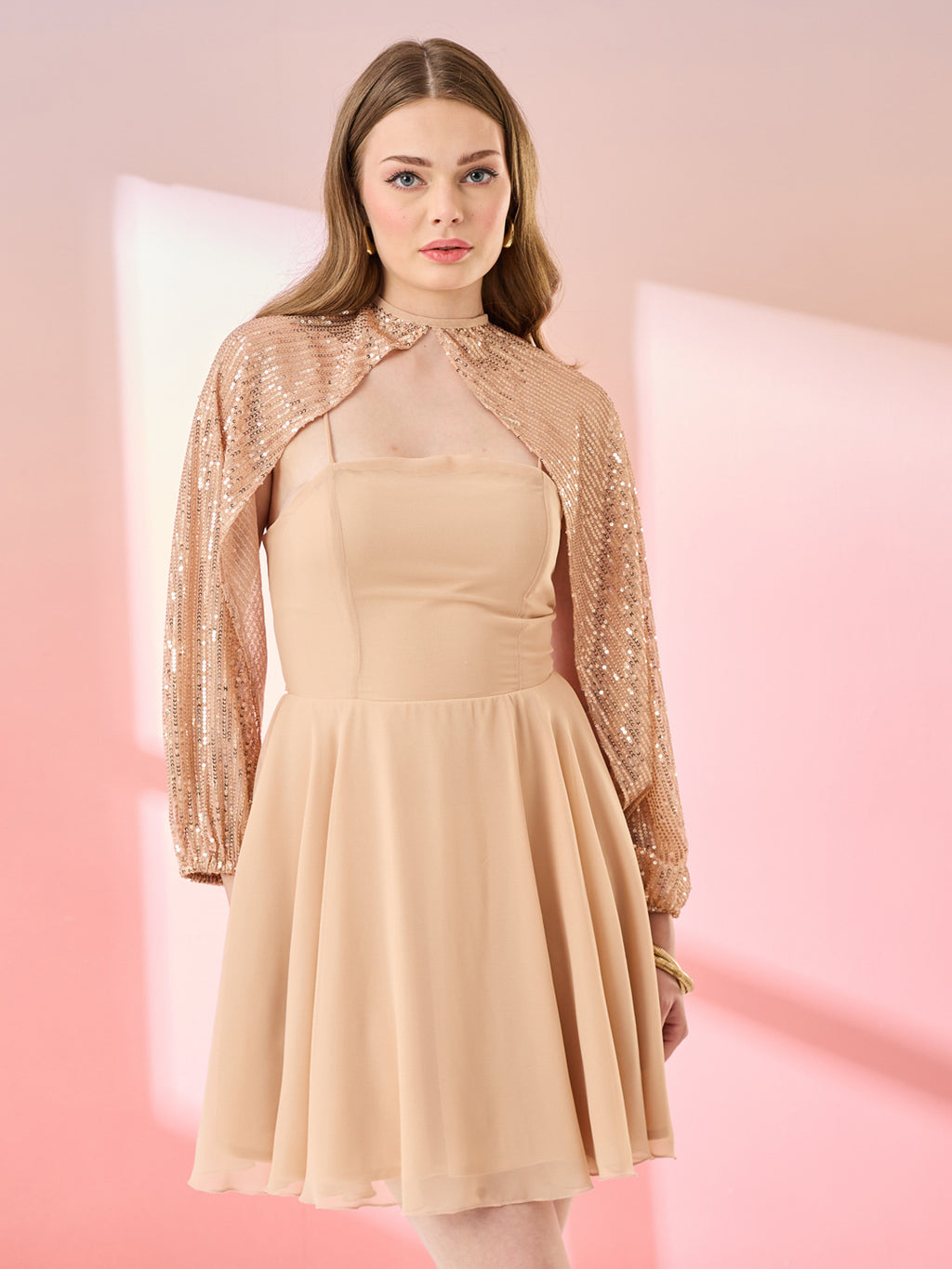 Beige Sand Balloon Sleeve Dress