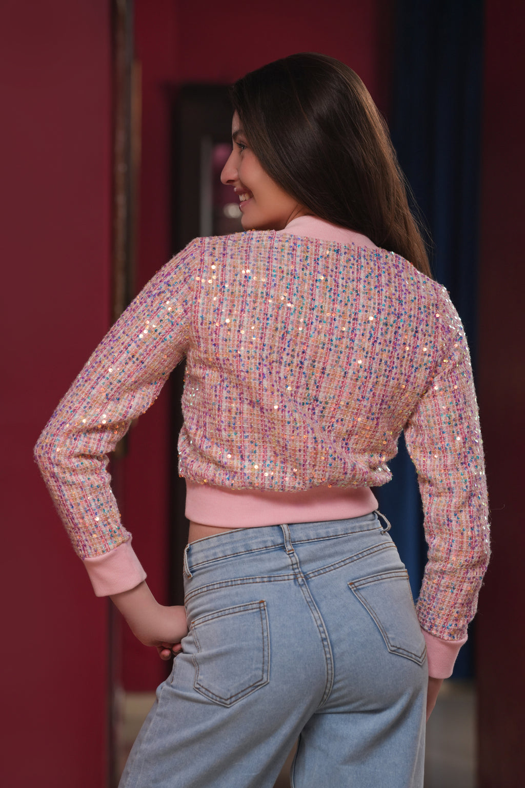 Pink Sequins Bomber Jacket